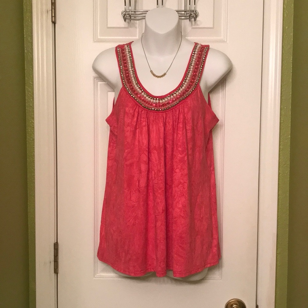 Hot pink spandex blend sleeveless tank top with beaded detailing